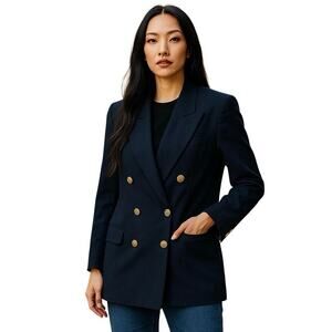 Vintage Navy Wool Double-Breasted Blazer w/ Gold Crest Buttons – Women’s M